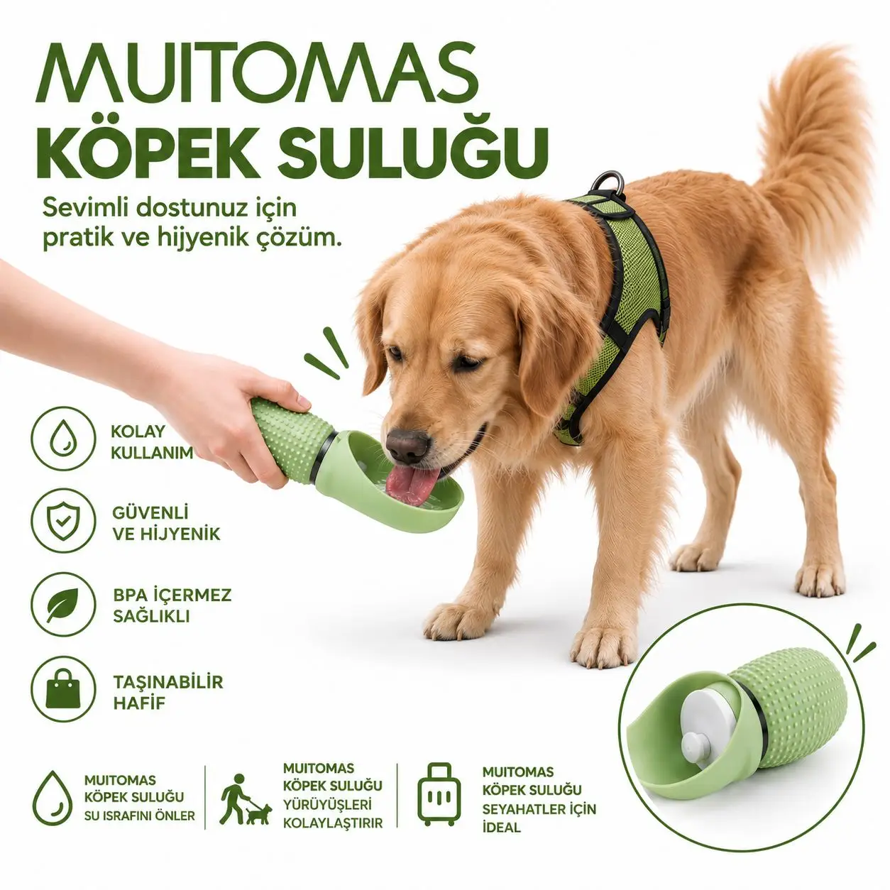 MUITOMAS EVCİL HAYVAN SEYEHAT SULUĞU 350 ML YEŞİL