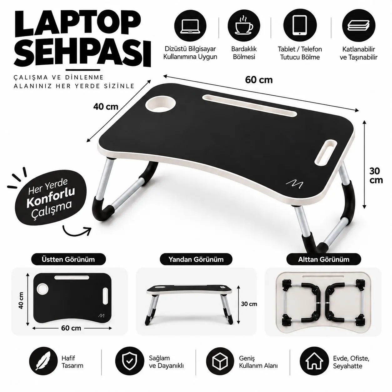 MUITOMAS KATLANABİLİR BARDAKLIKLI LAPTOP MASASI SİYAH