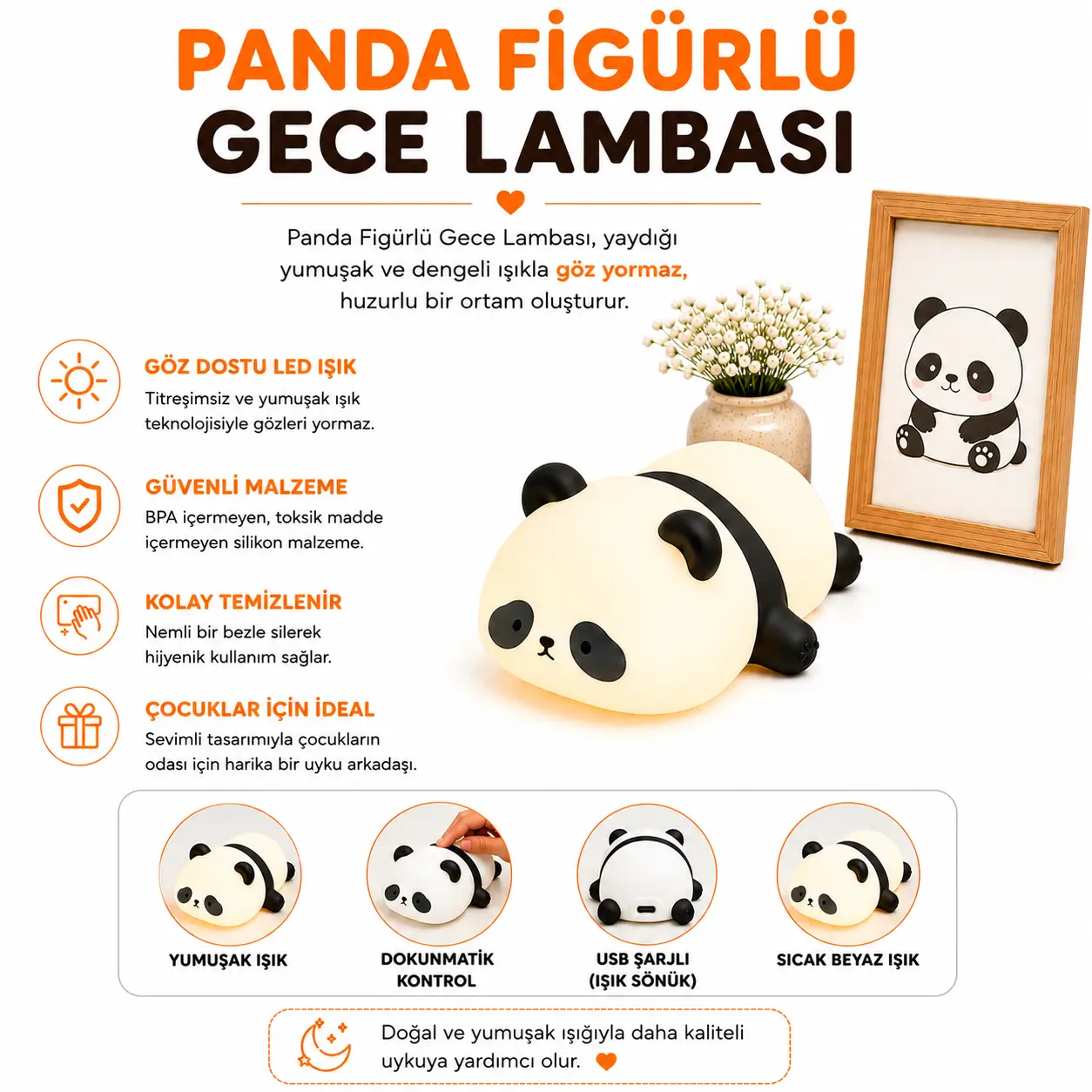 MUITOMAS PANDA FİGÜRÜ SİLİKON GECE LAMBASI USB-C