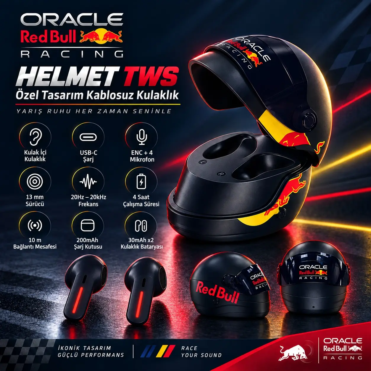 ORACLE REDBULL RACİNG YARIŞ KASKI TWS BLUETOOTH KULAKLIK (Orijinal Lisanslı Ürün)